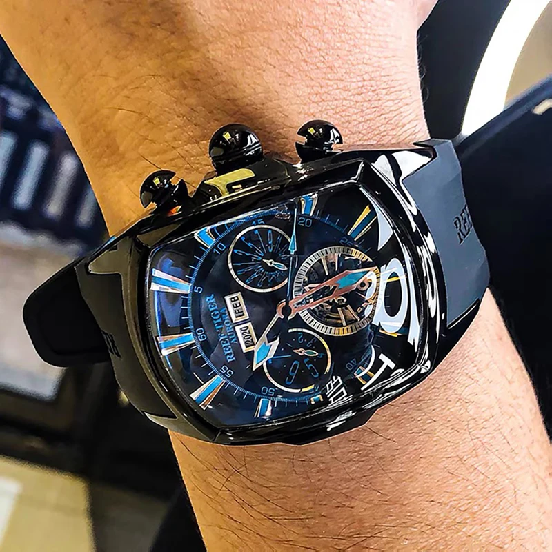 Reef Tiger/RT-Reloj de pulsera deportivo para hombre, cronógrafo mecánico con esfera azul de Tourbillon, de marca superior, de lujo, Masculino,