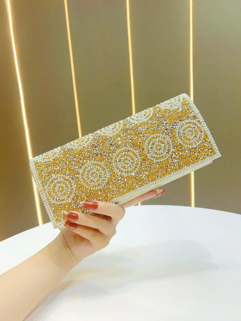 Luxury Gold Rhinestone Evening Clutch Bag with Pearl Border Hard Shell Formal Dinner Hand Purse for Mature Women Banquet