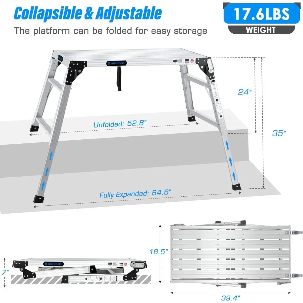調整可能な作業プラットフォーム,ポータブル折りたたみ式アルミニウムはしご,大容量足場プラットフォーム330, 39.4x18.5"