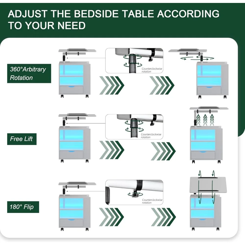 Светодиодный тумбочка с беспроводной зарядной станцией, тумбочка с регулируемым поворотным столом, Одним Выдвижным Ящиком и 2 полуприемниками, 3 цвета