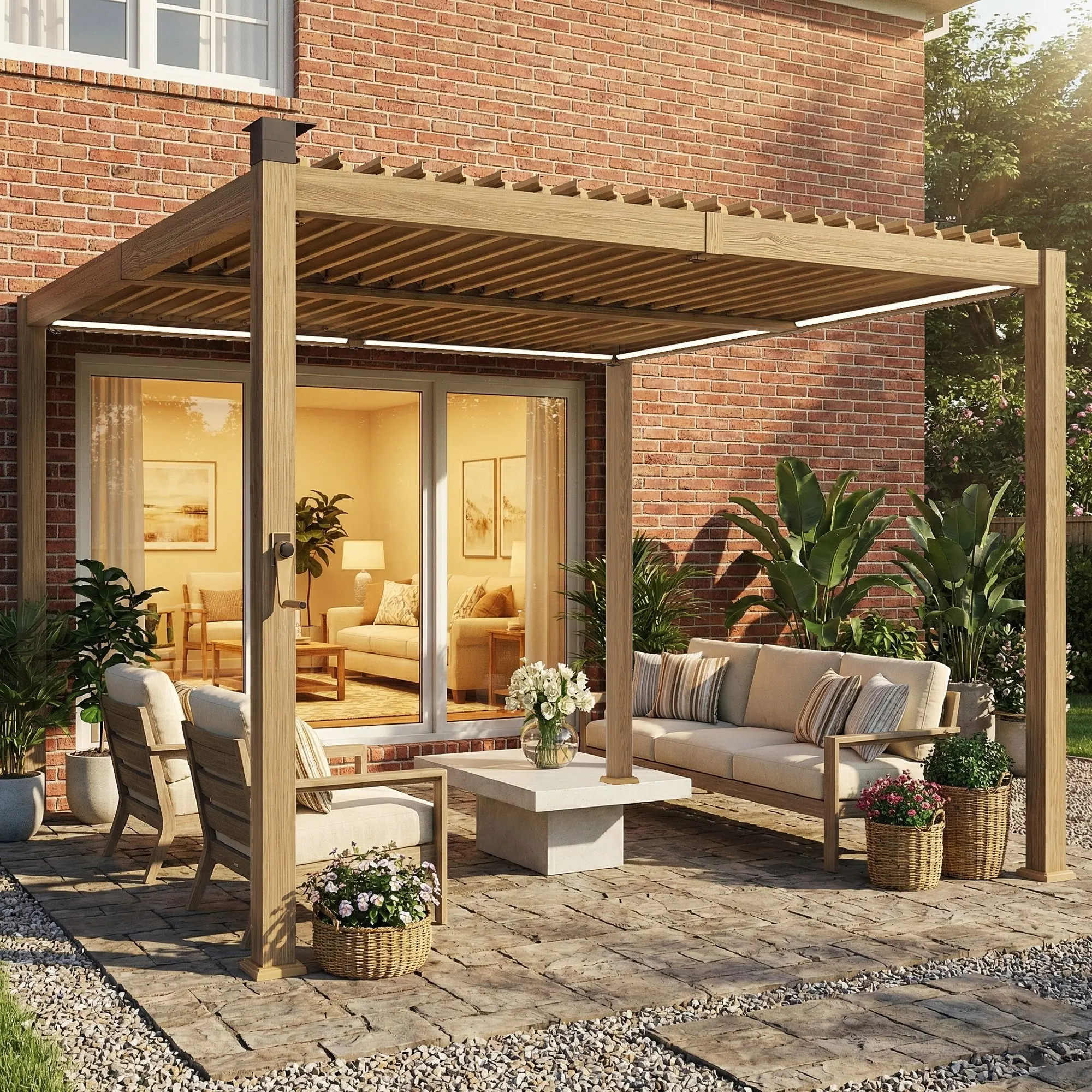 

Пергола с жалюзийными панелями 10' x 10' с солнечными светодиодными светильниками, металлической крышей, уличная пергола-беседка с дренажными желобами, коричневая