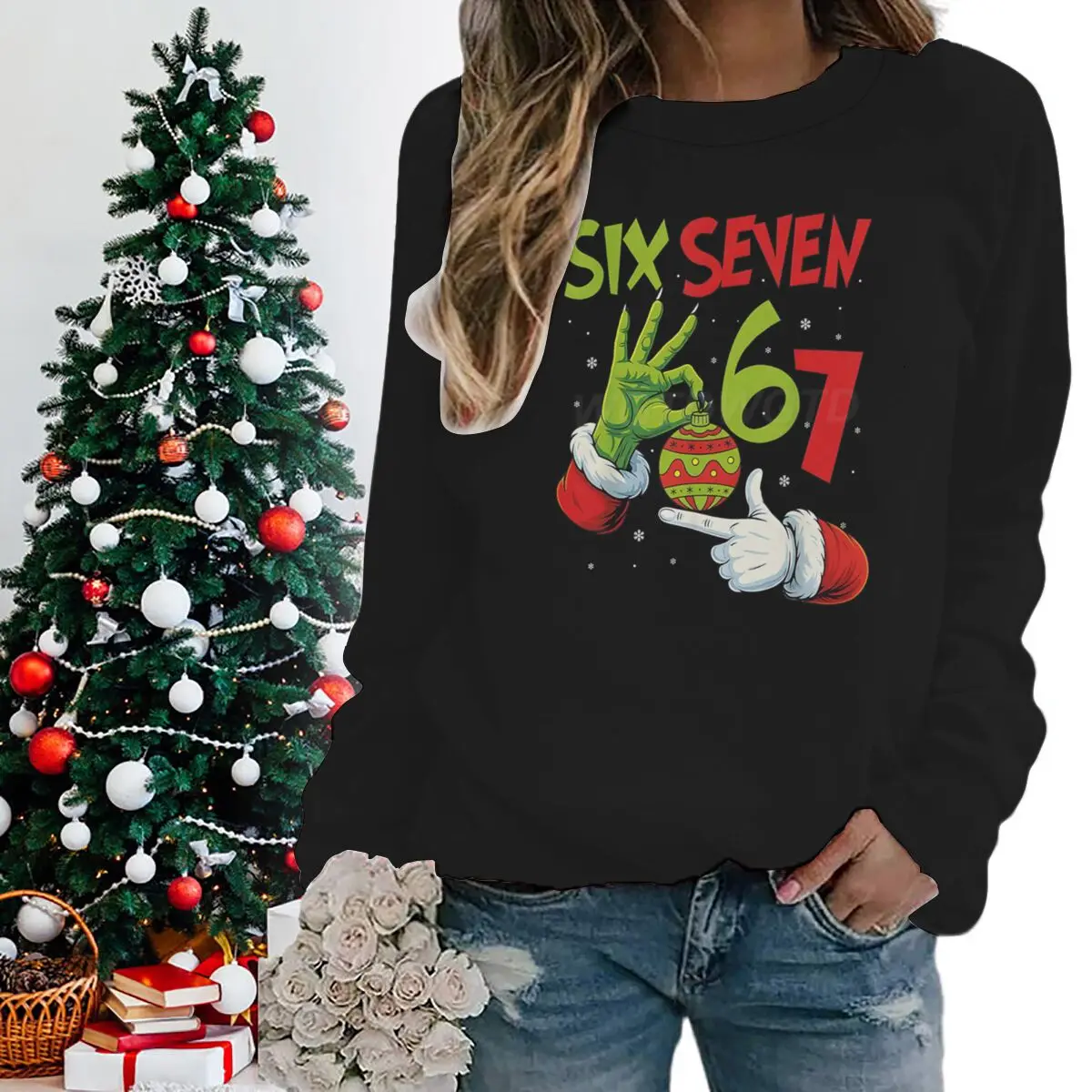 Festive Funny 6 7 Memes Hands Sweater Women Six Seven Graphic Print Sweatshirts Merry Christmas Party Fashion Casual Pullovers