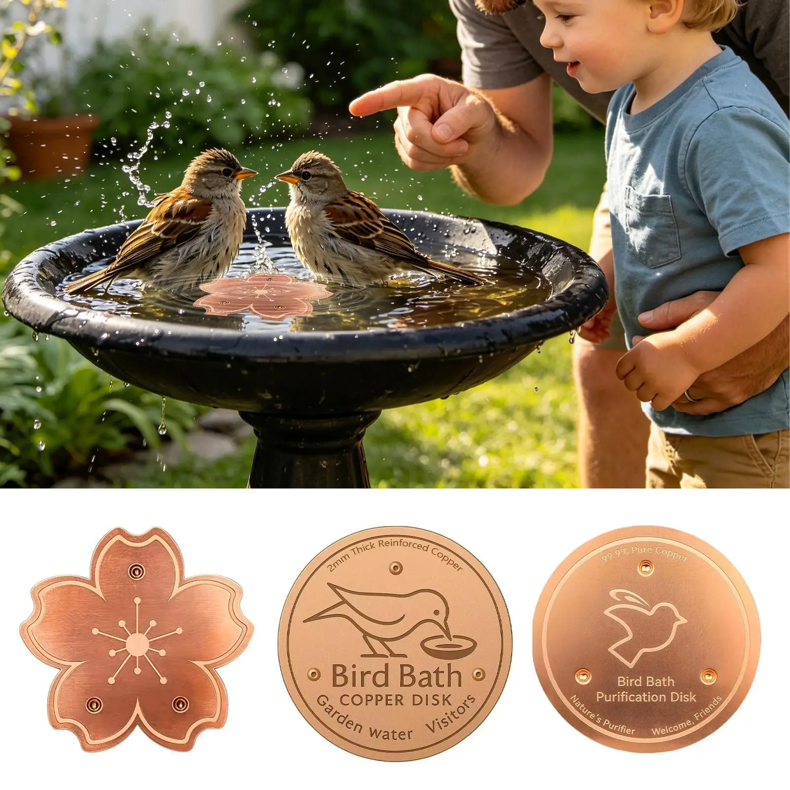 Copper For Bird Bath Safe Purification Plate With Triple-Point Support Bird Bath Copper Plate For Backyard Watching Garden Park