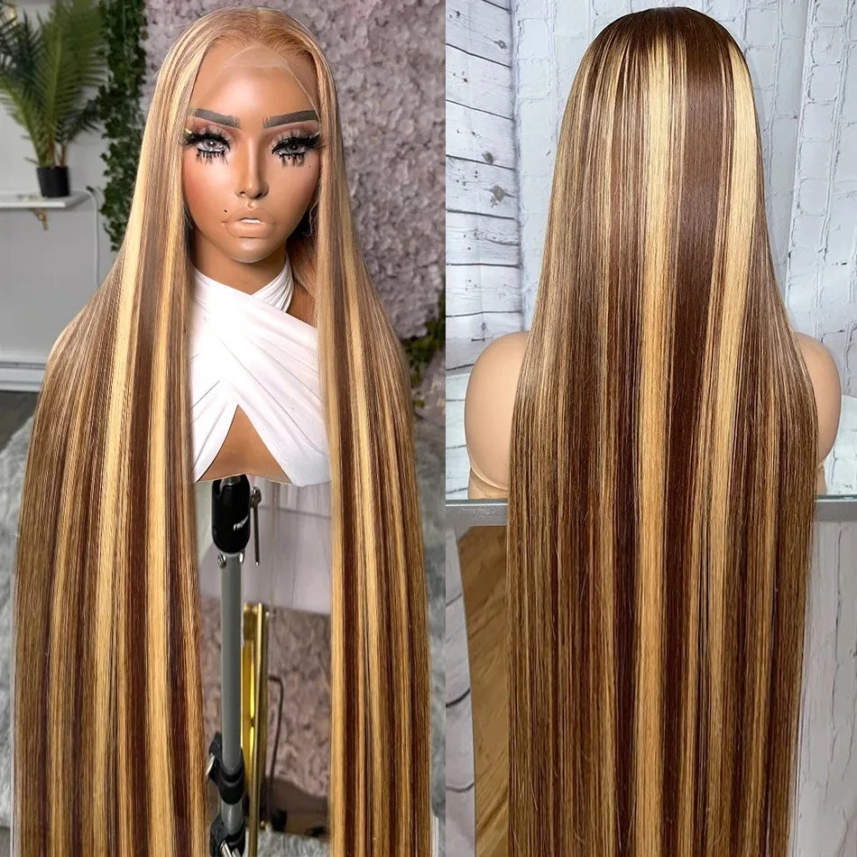 

Human Hair 150 density 13x4 Lace Front Straight 30 32 Inch Highlight Transparent Lace Frontal Wig Brazilian For Black Women