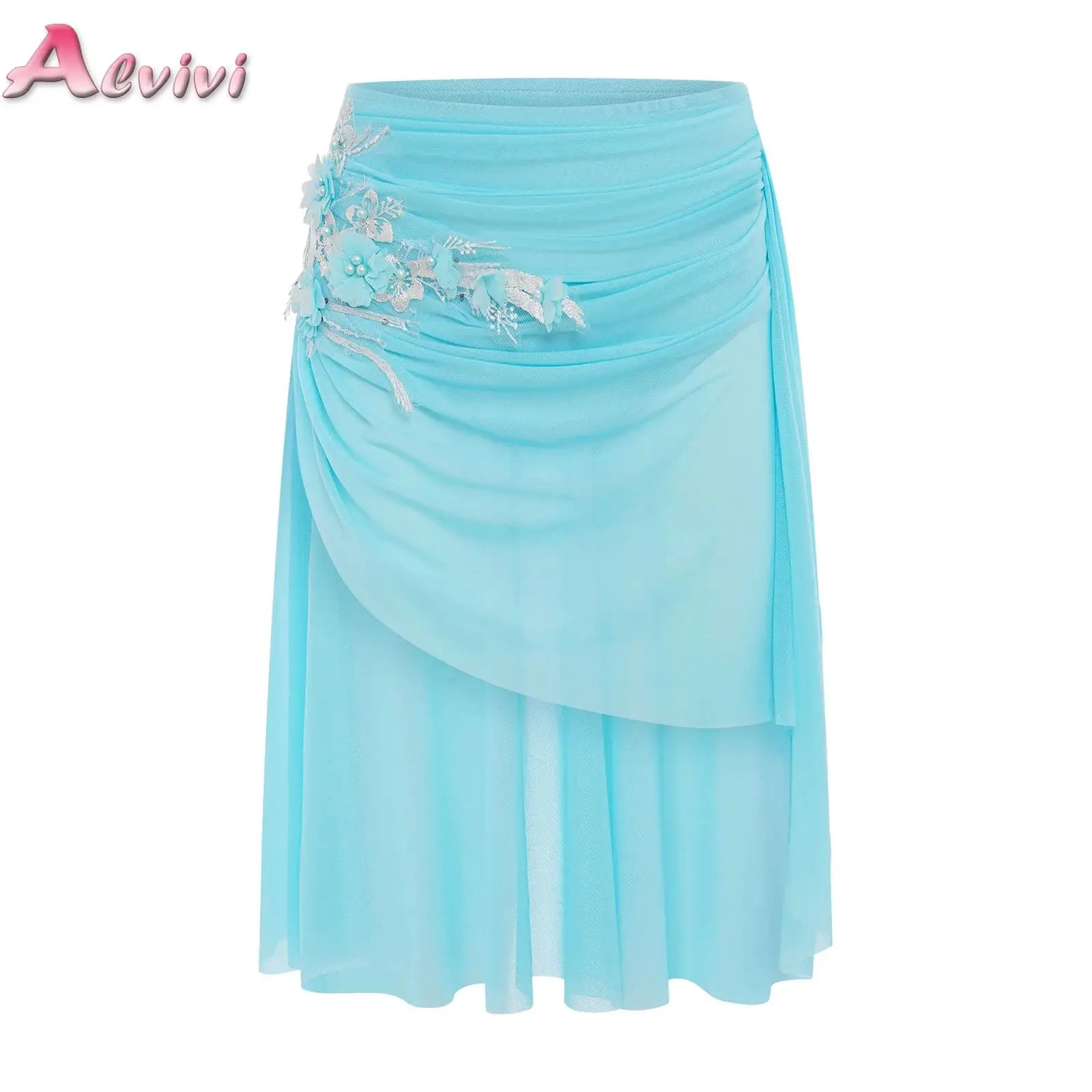 

Kids Girls Classical Lyrical Dance Skirts Chinese Folk Practice Dance Costume Elegant Applique Asymmetrical Ruched Mesh Skirt