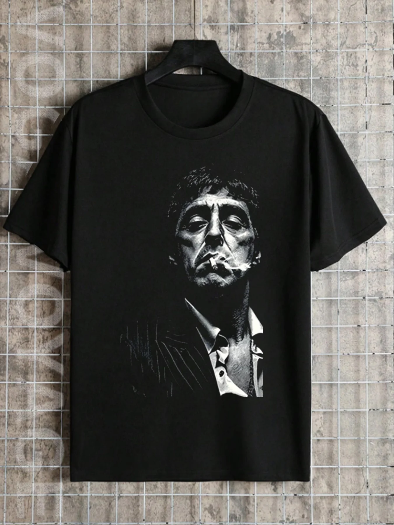 Mens Close-Up Sculptural Portrait Tee, Tall Narrow Rectangular Frame Holding A Dramatic Monochrome Close-up