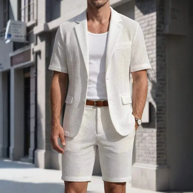 KIDWHXR Summer Men Suit Set Thin Plaid Hole Male 2-piece Outfit Man Short Sleeve Coat Straight Shorts Simple Solid Casual Suits