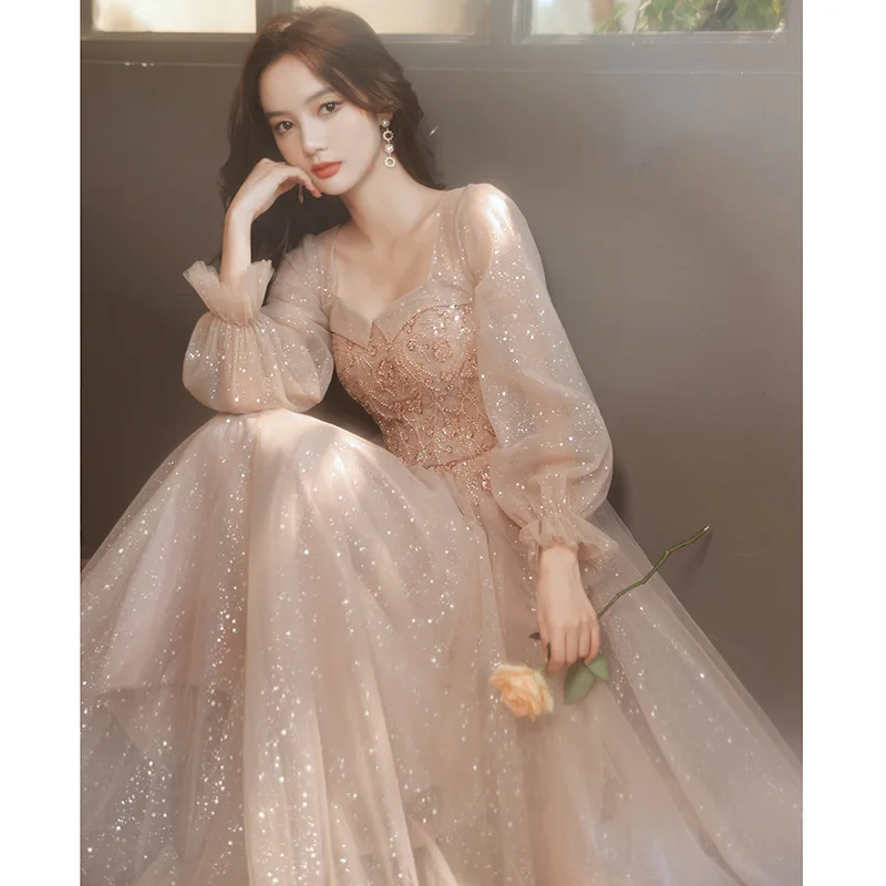 Champagne Embroidery Beading Evening Dress Women's New Autumn Glitter Flake French Style Long Sleeve Lace Bridesmaid Dress