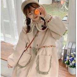 Vintage Sweet Mori Girl Style Thickened Long Tweed Coat Autumn Winter Japanese Kawaii Doll Collar Embroidery Women Tweed Jackets