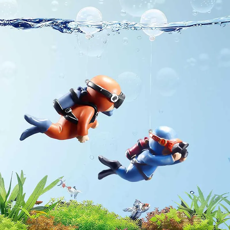 Lovely Diver Fish Tank Ornaments Landscape Aquarium Decorations Floating Blue Fatty Fat Man Resin Fish Decor with Ball and Line