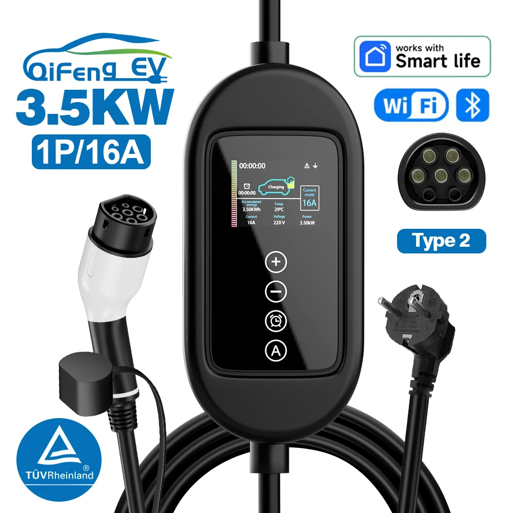 

QiFeng Portable EV Charger Type2 Connector 16A 1Phase 3.5KW 5m Cable Wallbox Charging Station for Electric Vehicle WiFi BT APP
