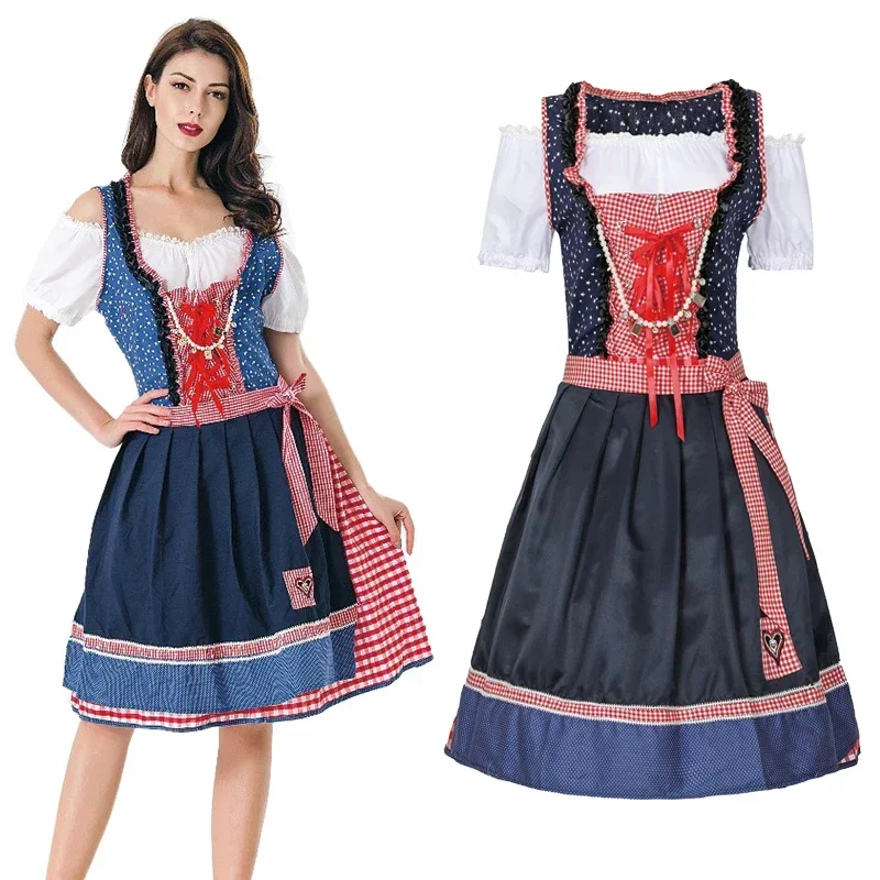 

Women Plaid Dirndl Dress & Apron Oktoberfest Costume Bavarian Tavern Waitress Beer Maid Cosplay Costume Halloween Party Dress