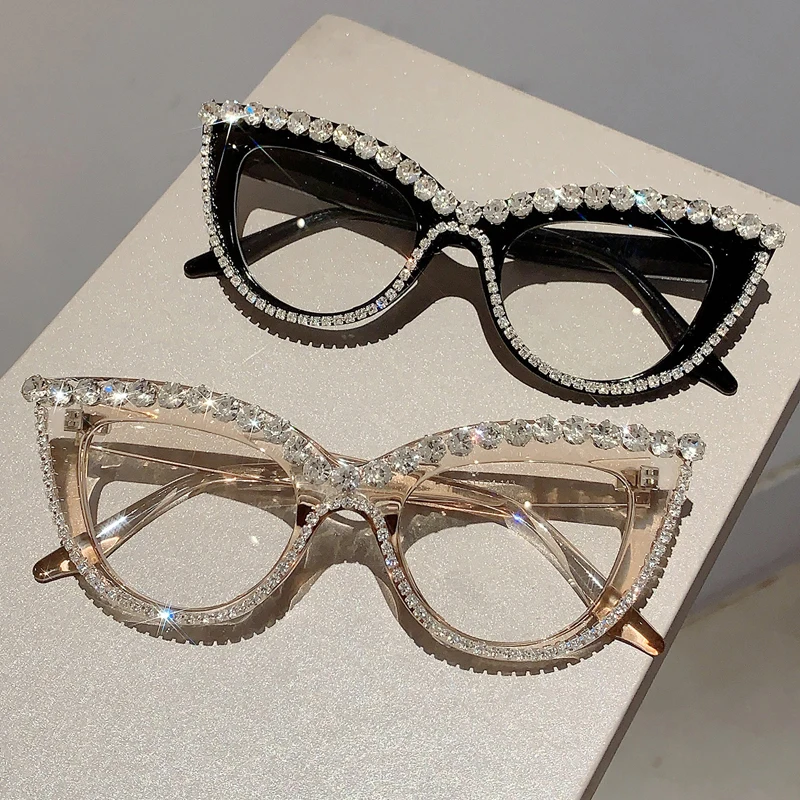 KAMMPT Retro Cat Eye Glasses With Rhinestones for Women 2024 New Stylish Trendy Luxury Brand Designer Oversized Spectacles