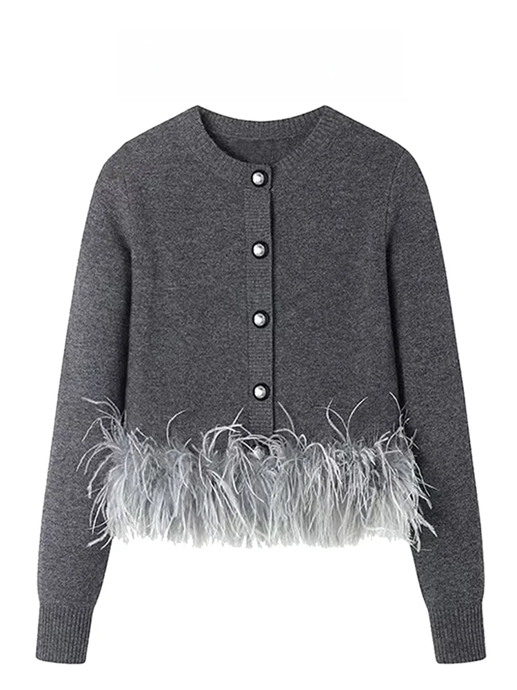 

Gray Furry Splice Long Sleeve Knitted Open Cardigan Women's Autumn Winter Short Style Slimming Sweater Top Korean Style Regul...