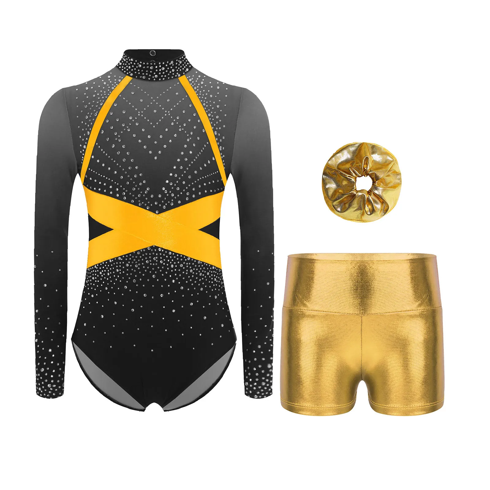 

Professional Rhythmic Gymnastics Outfit for Girls Sparkling Long Sleeve Leotard with Shorts And Hairband for Ice Skating Dance