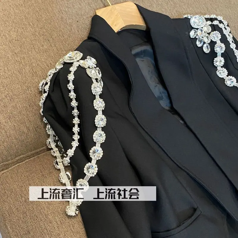 Diamond Chain Irregular Jacket OL Turn Down Collar Rhinestone Blazer Coat Crystal Tops + Beads Package Skirt Woman Suit 2pcs Set