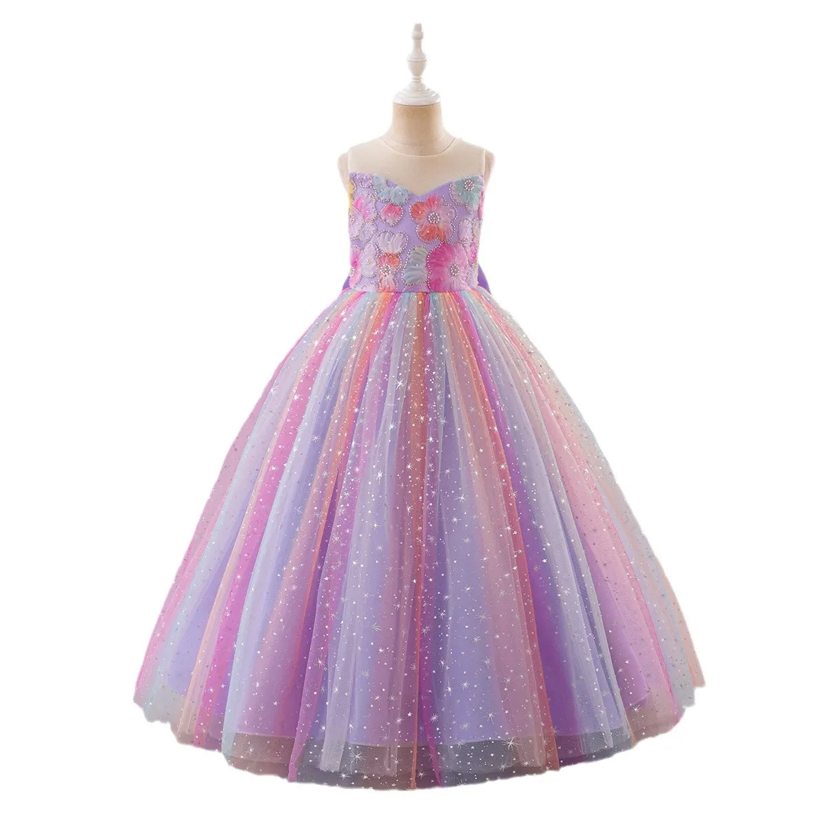 

New Girls' Pearl Sequin Princess Dress 4-12 Years Old Bow Long Puffy Dress Banquet Host High end Flower Girl Evening Dress