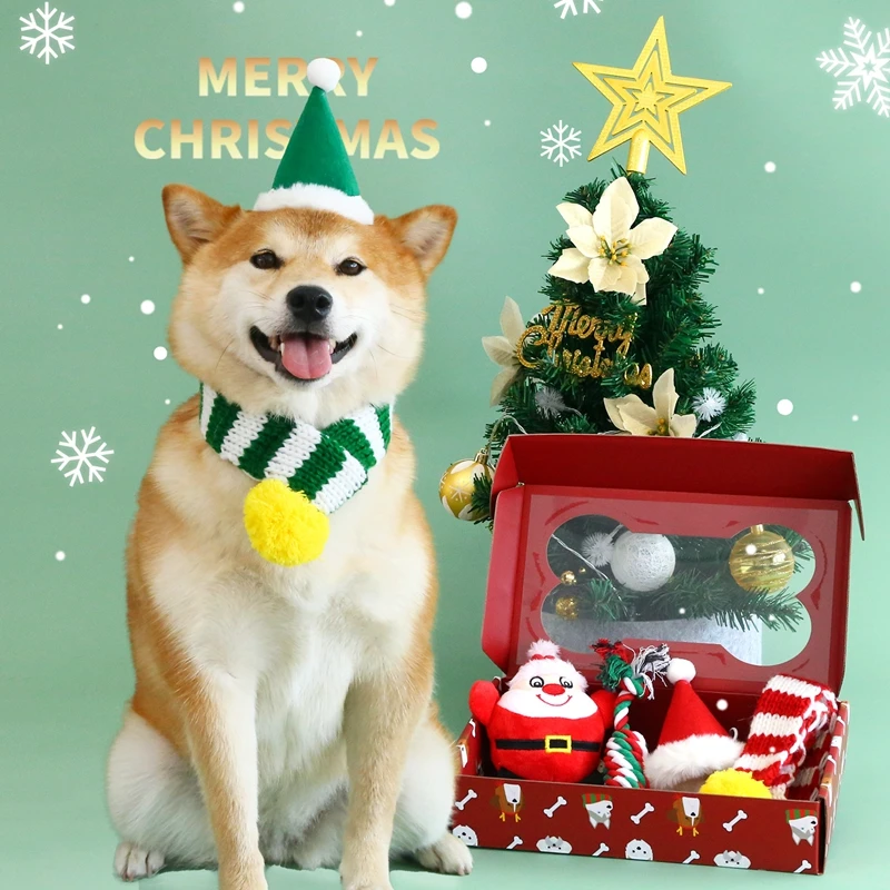 Pet Dog Christmas Wool Stripe Scarf Hat Toy Gift Box Striped Scarf Hat Plush Toy Santa Claus Penguin Toys DogChristmas Gift Box