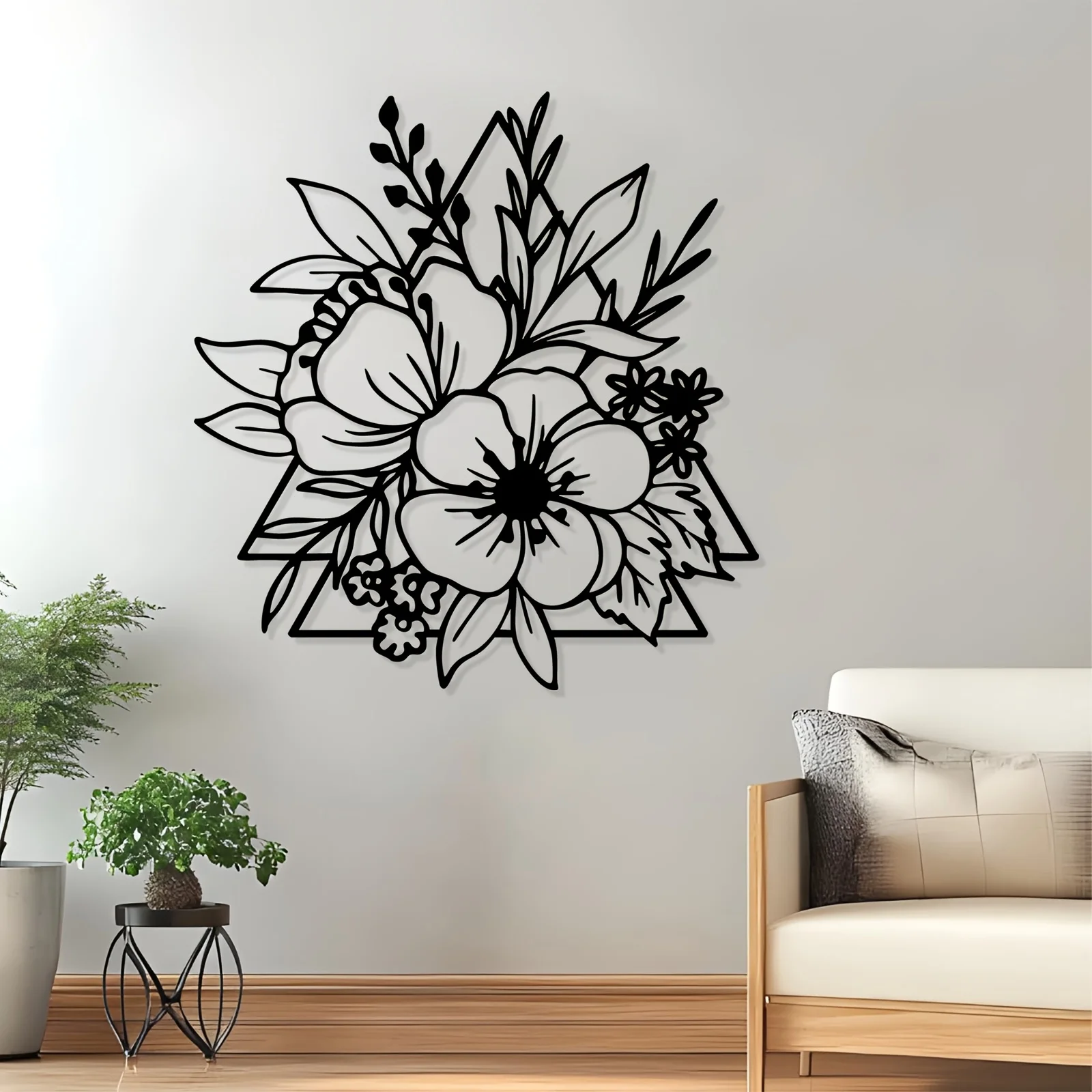 Elegant Floral Triangle Metal Wall Sculpture Rust-Resistant Iron Romantic Flower Mural Wedding Valentine Bedroom Garden Decor