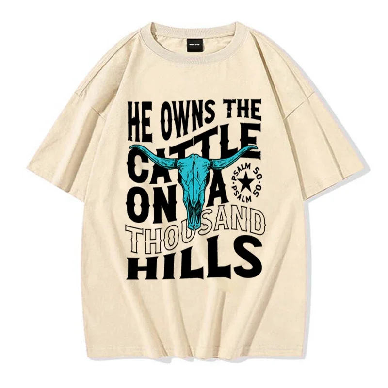 He Owns The Cattle Graphic Christians T-shirts Vintage Cotton Short Sleeve Loose Women T-Shirt Casual Western Christian Tshirts