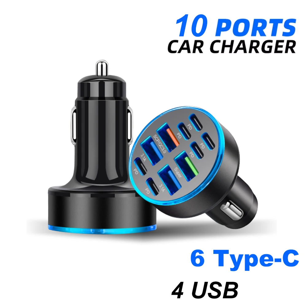 12/24v Car Charger Adapter with 6 Type C 4 USB Port for iPhone Android Samsung iPad Pro Dual PD QC3.0 Multi Port Fast Charging