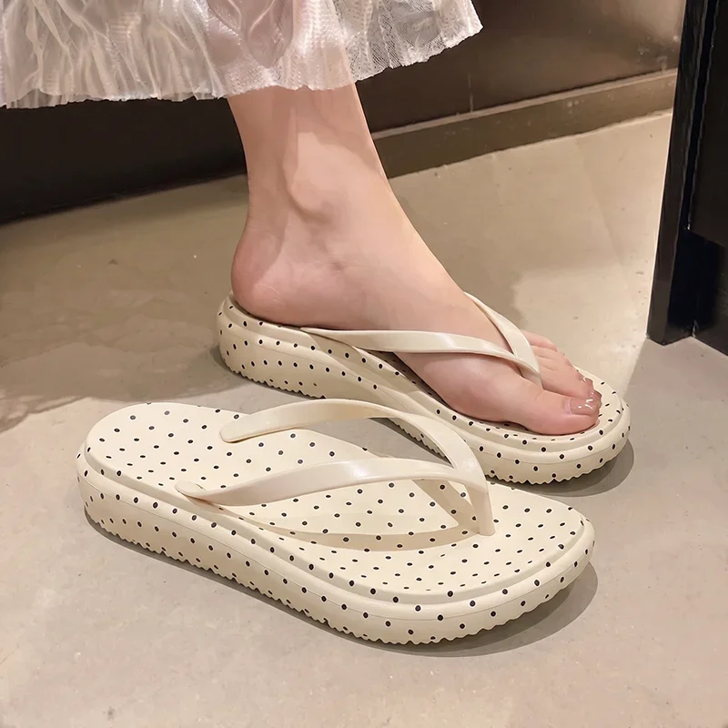 Korean Polka Dot Platform Beach Flip-Flops Women's Leopard Print Thick Bottom Clip Toe Sandals Ladies Outdoor Anti Slip Slides