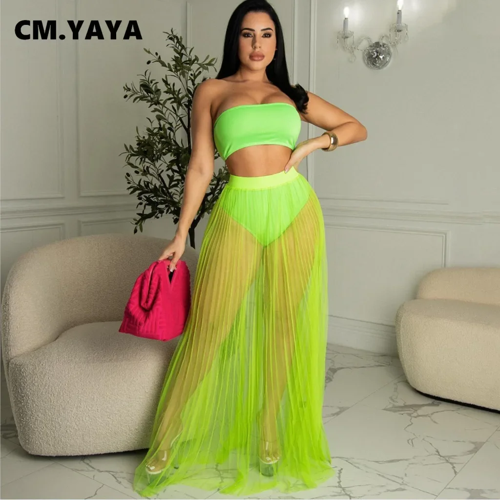 

Beach 2024 Women's Set Big Swing Maxi Long Pleated Mesh See Though Skirt And Strapless Crop Top Matching Two 2 Piece Set