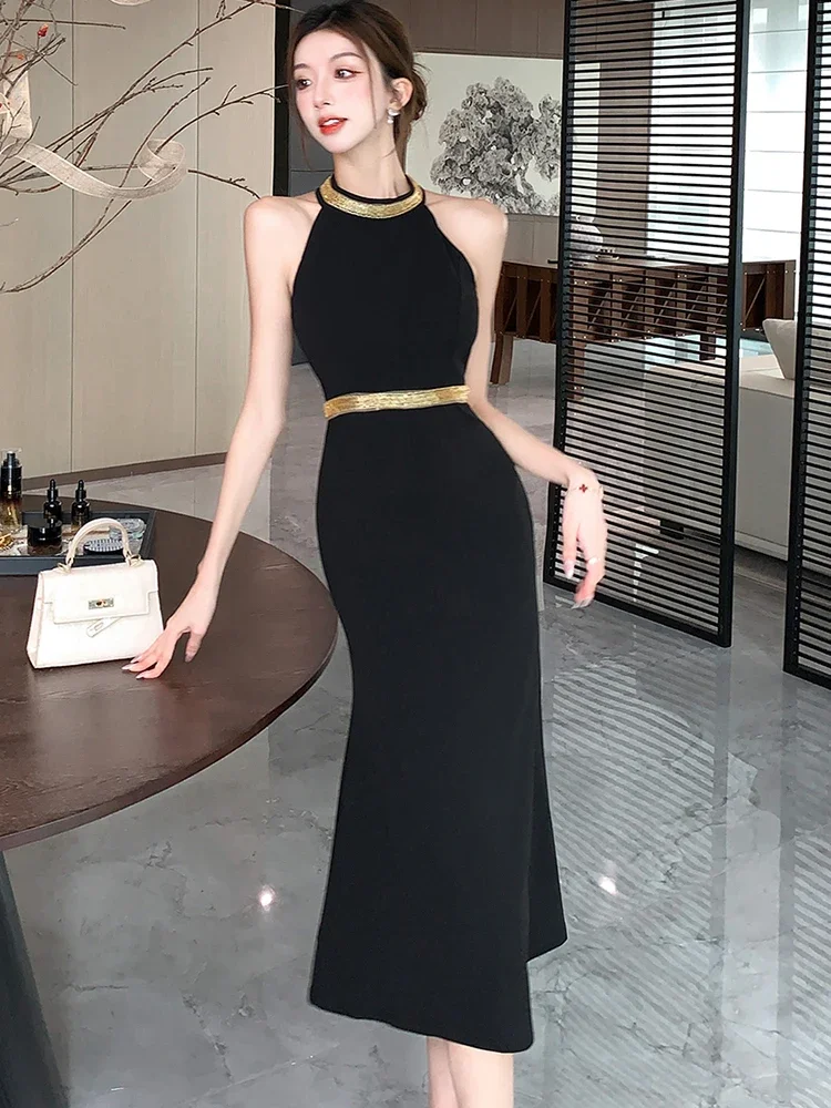 2025 schwarz Patchwork Diamanten Backless Sexy Neck-montiert Kleid Frauen Elegante Luxus Lange Kleid Kleid Sommer Koreanische, Figurbetontes Kleid