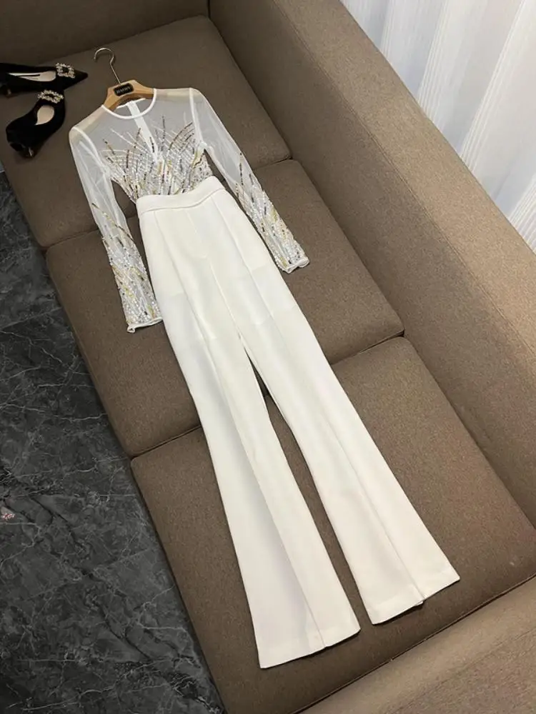 

New 2025 Winter Heavy Embellied Sequin Me Patchwork Diamond Embedded Jumpsuit Faionable Star Sle High Waist Long Pants