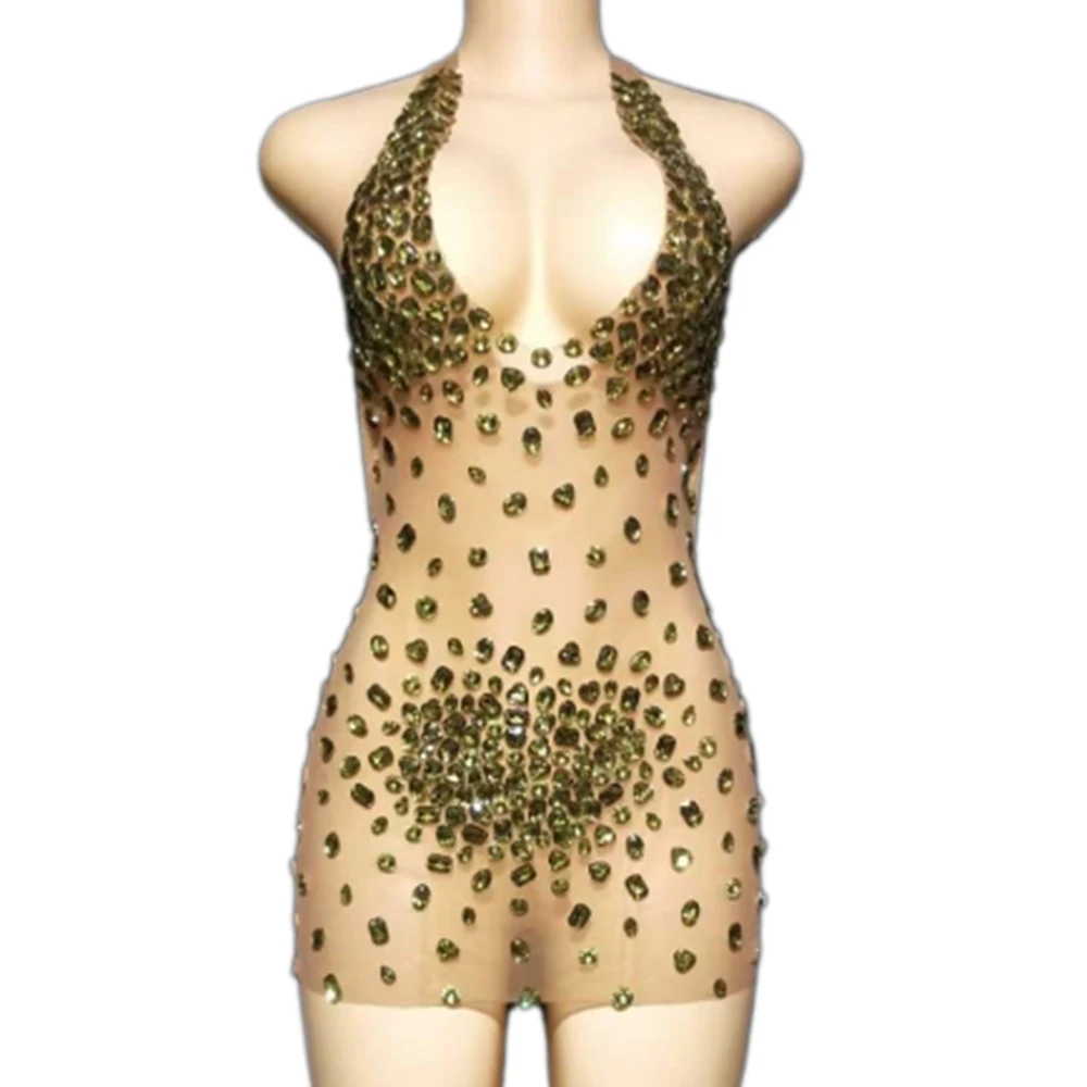 Naakt Perspectief Sexy V-hals Backless Shining Green Crystal Sexy Zwaan Fluwelen Jurk Voor Vrouwen Party Club Kleding Stadium Kostuums