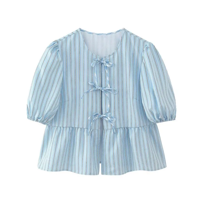 

Blue striped shirt 2024 spring/summer new product women's fashion casual striped bubble sleeve tie up top