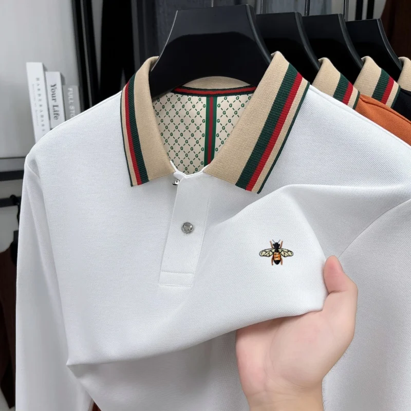 High end brand men long sleeve polo shirt autumn new fashion brand bee embroidery comfortable casual color blocked lapel T-shirt