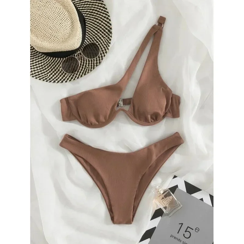 

2024 Summer New Two-piece One-shoulder Push Up Beach Bikini Sexy Sling Solid Color Beach Bikini