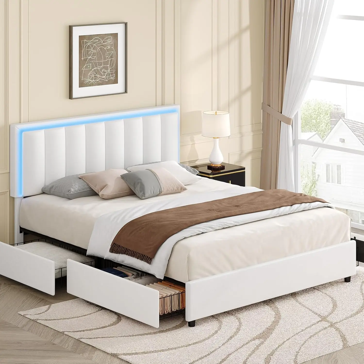 Queen Upholstered Bed Frame with LED Lights Storage Drawers Metal Slat Support White, Customized