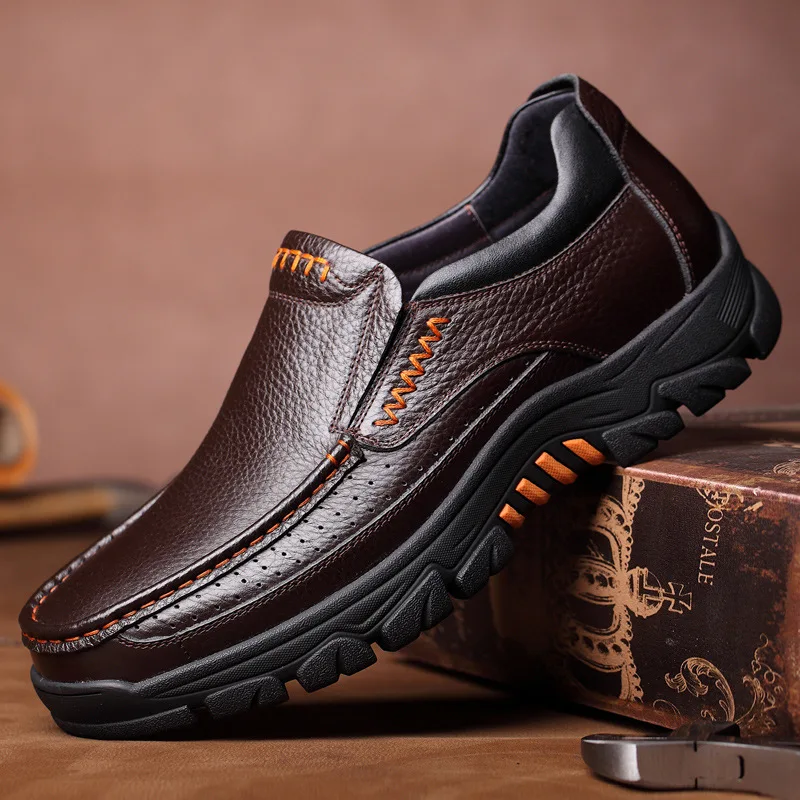 New Men Casual Shoes Soft Cow Leather Men Loafers Fashion Breathable Outdoor Walking Shoes Plus Size Slip on Black Driving Shoes