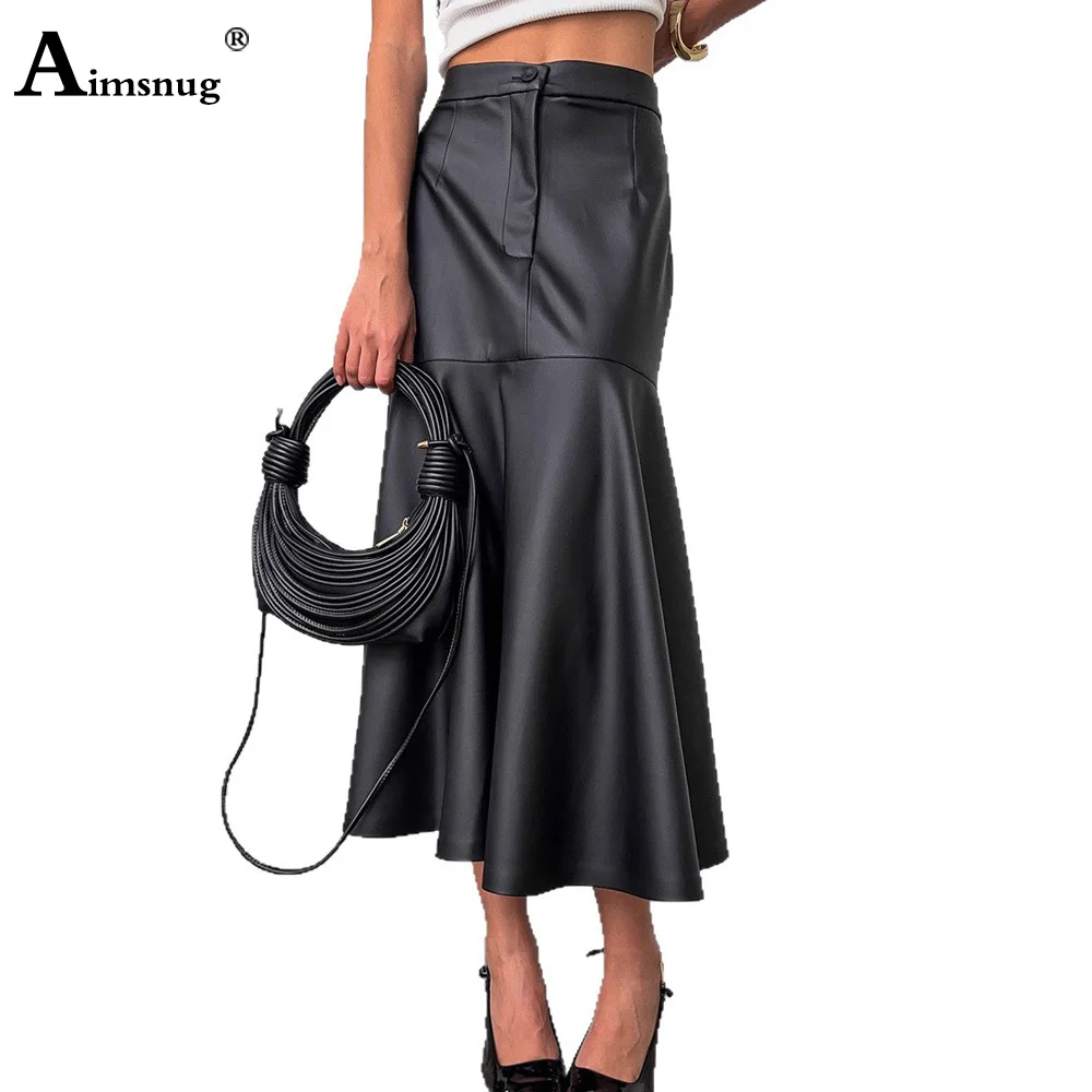 

Women's High Cut Faux Pu Leather Mermaid Skirt Dress 2025 European Sexy Night Club Dance Party Bodycon Female Mid-calf Skirts
