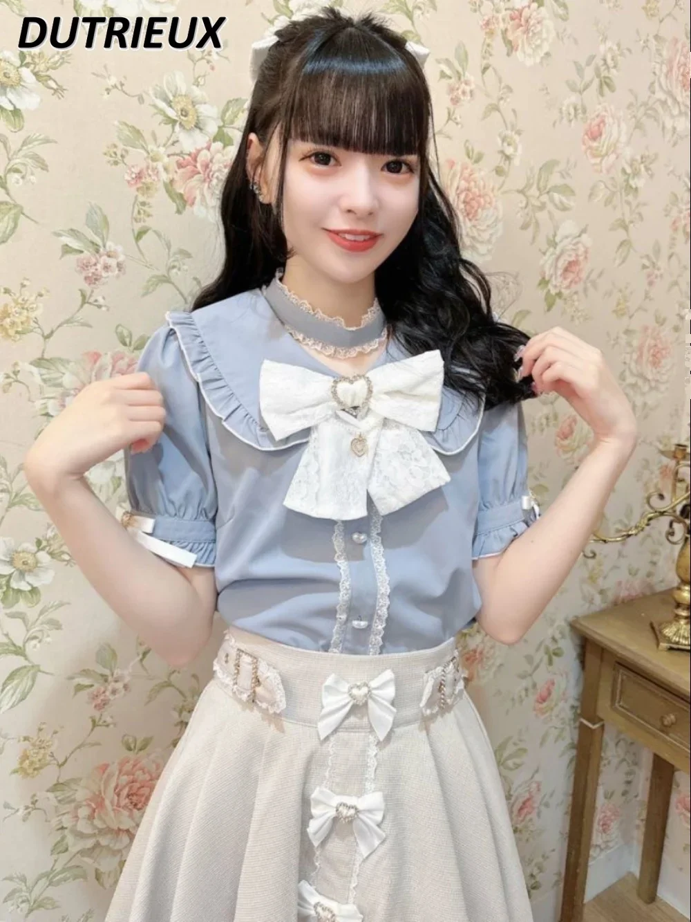 Japanese Style All-Matching Short Sleeve Sweet Girl Shirt Off-Shoulder Big Bow Wooden Ear Pleating Solid Color Cute Tops