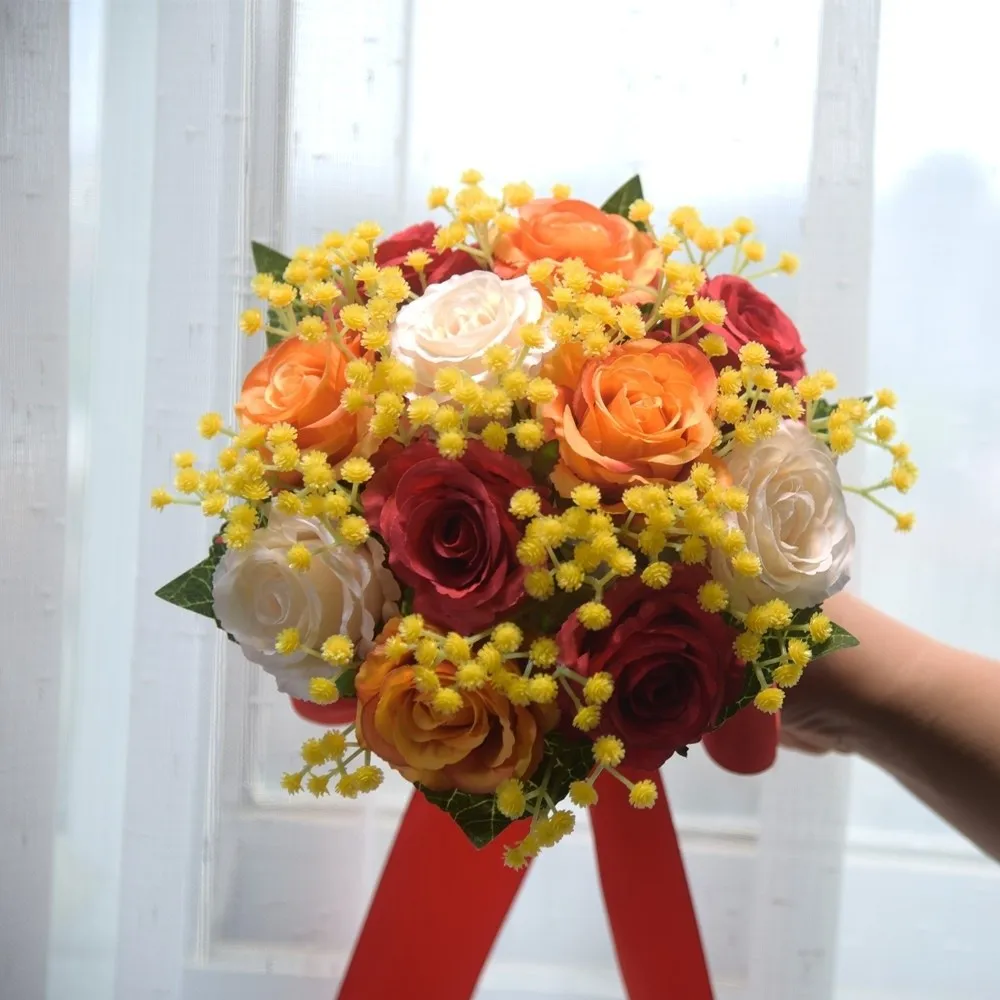 

Romantic Wedding Bouquet with Silk Ribbon Multi-functional Bride Holding Flowers Real Touch Artificial Roses
