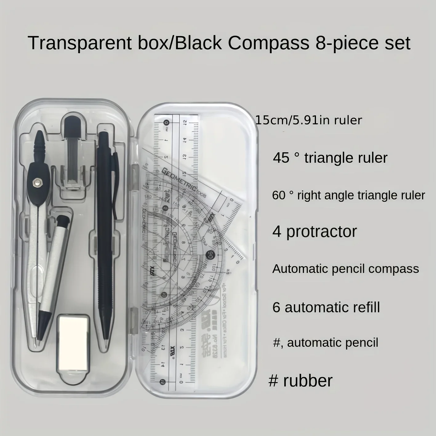 8‑in‑1 Math Geometry Tool Kit, Compass Ruler Protractor Mathematical Drawing Set, Back‑to‑School Essential Student Stationery