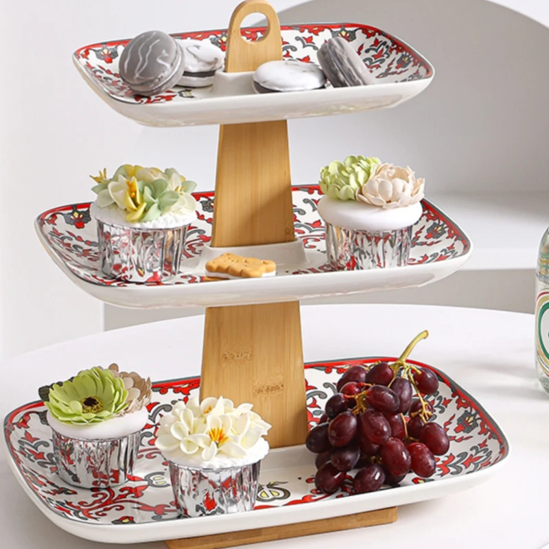 

Ceramic fruit plate Fruit plate Ethnic style snack storage box Three-layer snack display plate