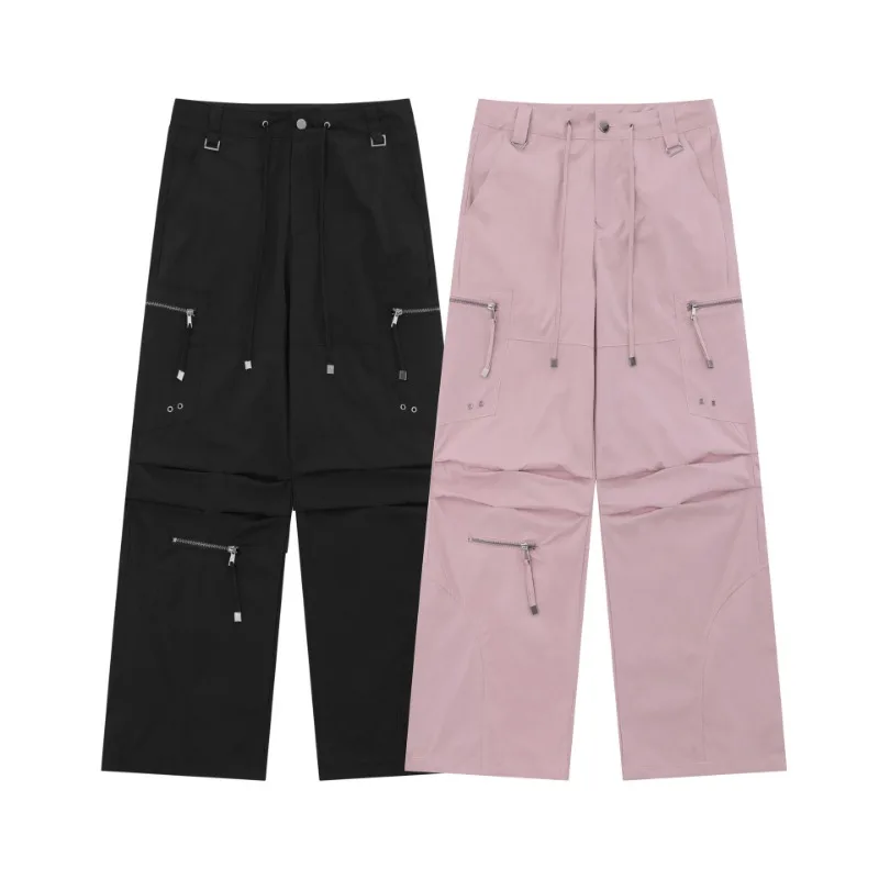 OR FL Women's Trendy American Style Cargo Trousers Hot Girl Fold Pink High Street Slacks Y2k Solid Color Zipper Staraight Pants