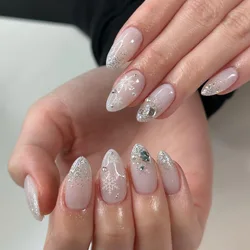 24Pcs Glitter powder French Christmas Fake Nails Almond False Nails Snowflake with Rhinestone Detachable Full Cover Nail Tips