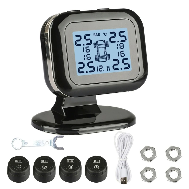 Wireless Car Alarm Tire Pressure Monitoring System TPMS LCD + 4 External Sensors