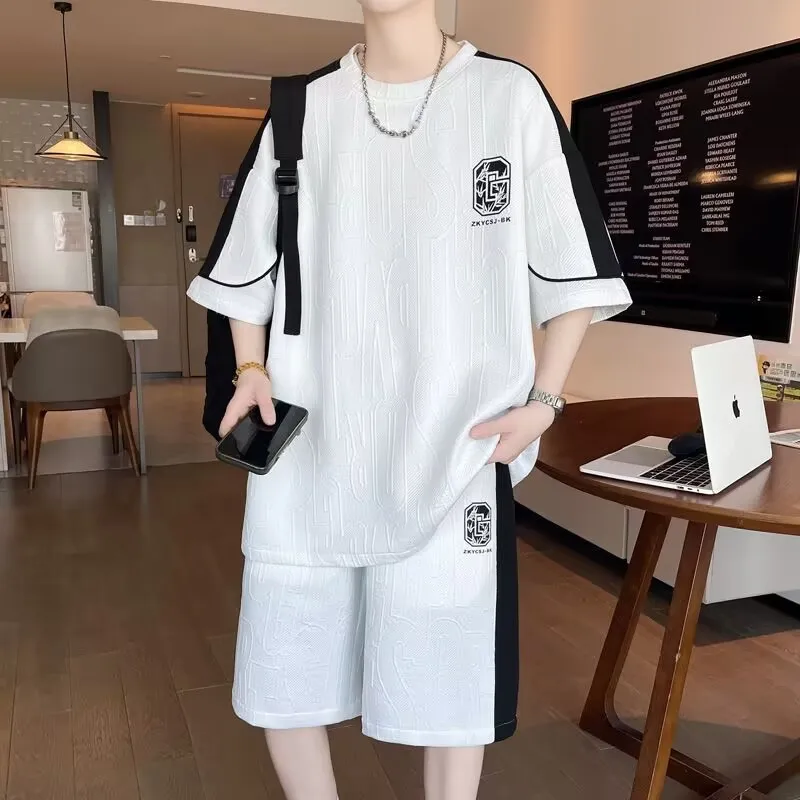 TZ60 2026 Men's new Waffle Summer Suit  Casual 4XL 5XL T-shirt + Shorts Suit Men's Tracksuit Solid color tracksuit loose suit