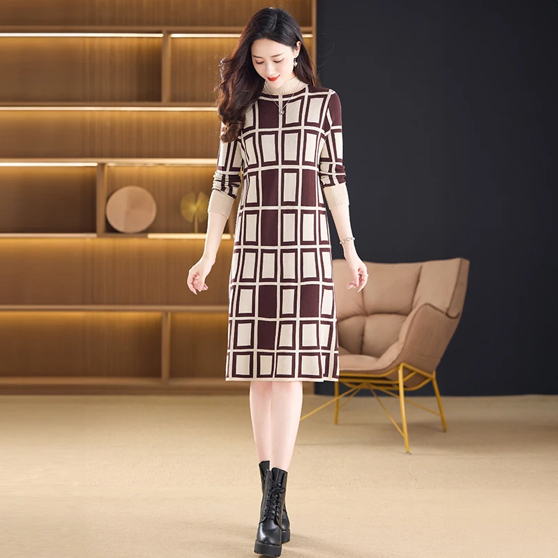 

2025 Plaid Pattern Knitted Casual Loose Midi Pullovers Women Korean Vintage Elegant Prom Dress Autumn Winter Thick Warm Sweater