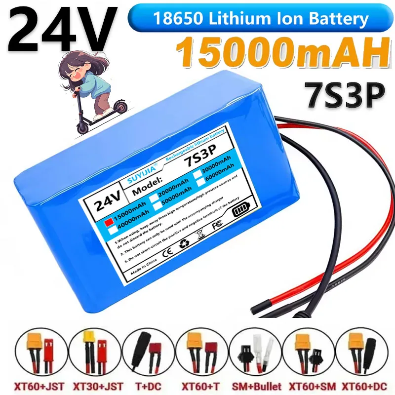 Batterie Li-ion 24V 15Ah 7S3P 18650 29.4V Rechargeable Pour Vélo Cyclomoteur Batterie Au Lithium Haute Capacité Avec Chargeur 2A