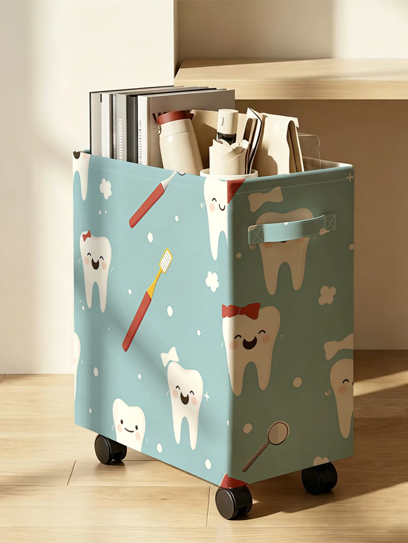 Cute Cartoon Tooth Print Rolling Storage Bin, Foldable Fabric Organizer Box with Wheels for Home Bedroom Closet Storage