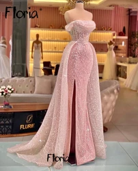 Elegant Beading Pink Long Mermaid Evening Dress Off Shoulder Sparkle Prom Gowns With Overskirt 2023 Wedding Night Gowns