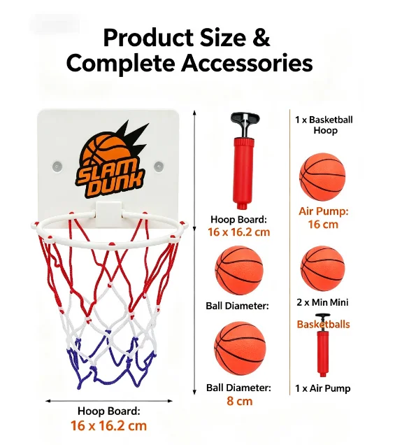 No Drill Wall Mount Mini Basketball Hoop Set, Indoor & Outdoor Kids Shooting Toy, Comes with 2 Mini Basketballs & Air Pump, Pare