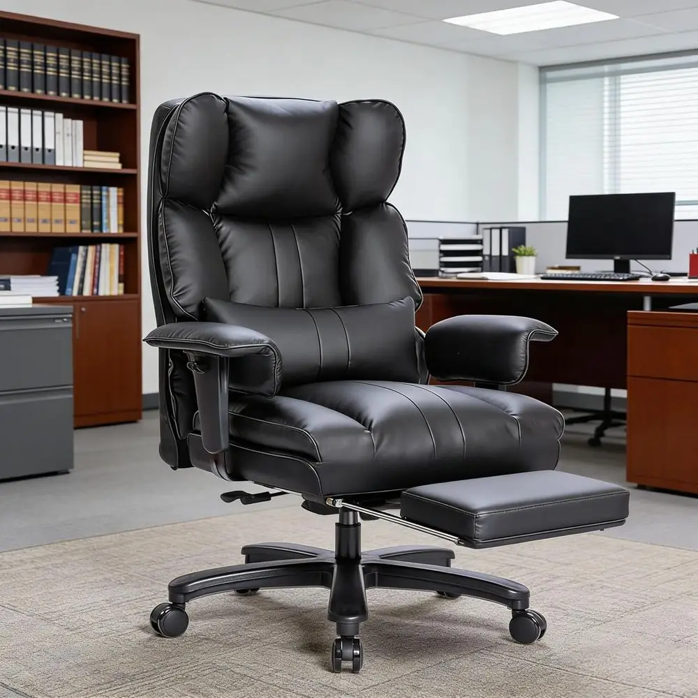 High-Back Leather Gaming Chair for 400lbs, with Footrest, Lumbar Support, and Wide Ergonomic Design in Black